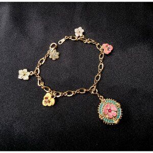 Vintage Joan Rivers Gold-Tone Floral Charm Bracelet With Enamel Accents & Turquo
